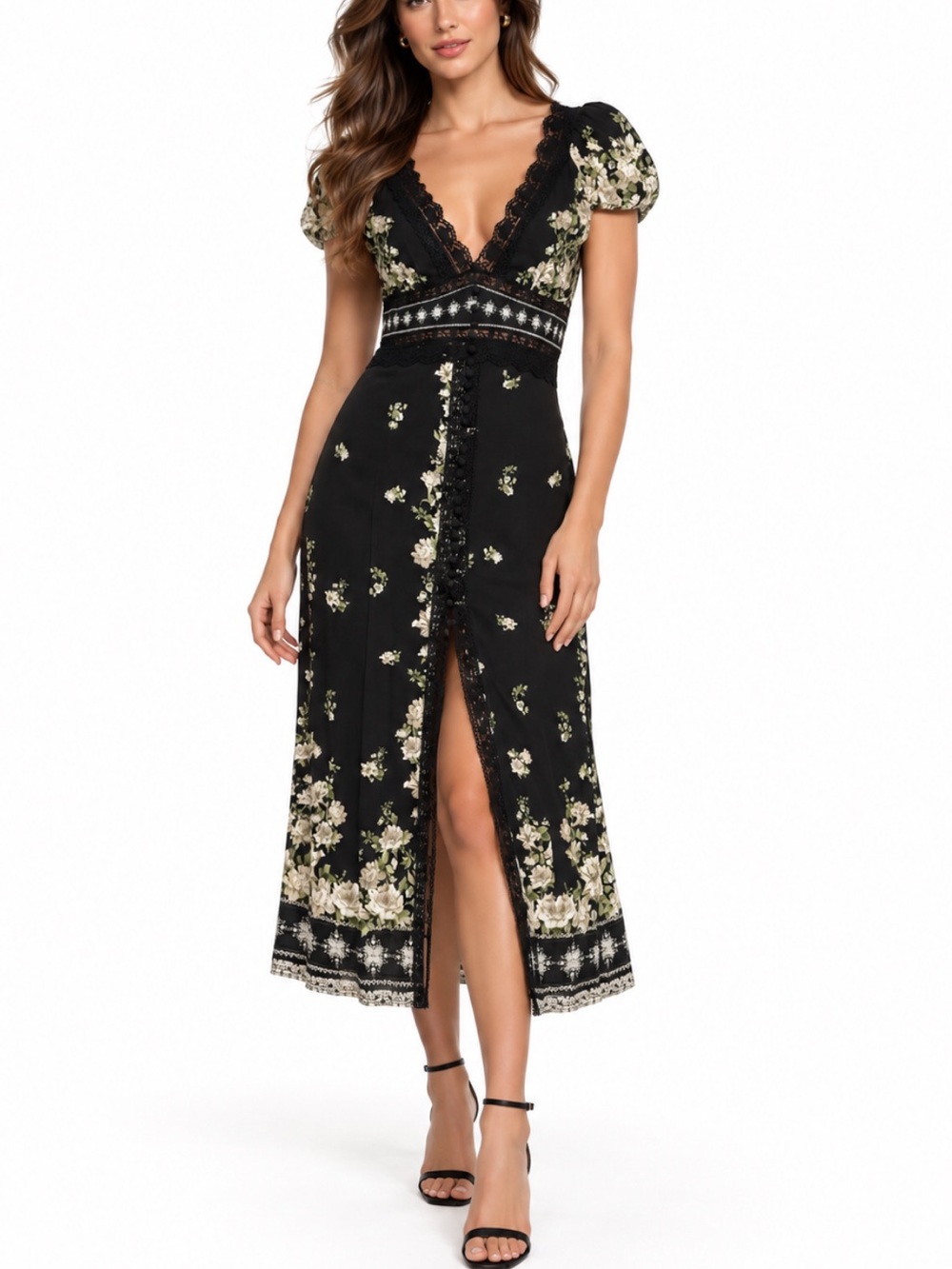 Alice + Olivia NWT $695 Black Floral Lace Front Slit Midi Dress Size 4
